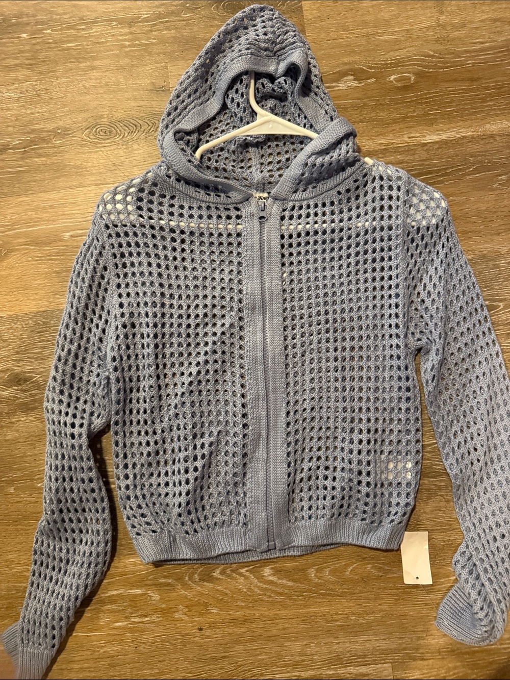 Size Small Light Steel Blue Hooded Open-Knit Zip Cardigan by Love Knits